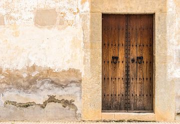 Gros plan d'une vieille porte d'entrée en bois et d'un fond de mur endommagé sur Alex Winter