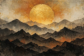 Gouden zon die opkomt boven bergtoppen met een gestructureerd reliëf – landschap in impasto-stijl