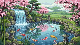 Koi Waterfall Paradise — Japanese Pixel Art by my pixel art