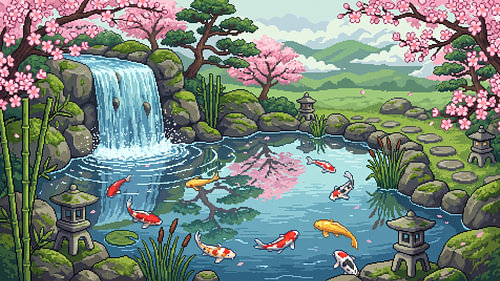 Koi-Wasserfall-Paradies – Japanische Pixelkunst