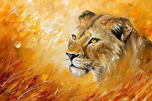Abstract schilderij van leeuw in kleurrijk gras