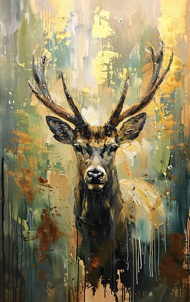 Abstrakte Hirschmalerei mit Grün- und Goldtönen von Art & Soul Creations