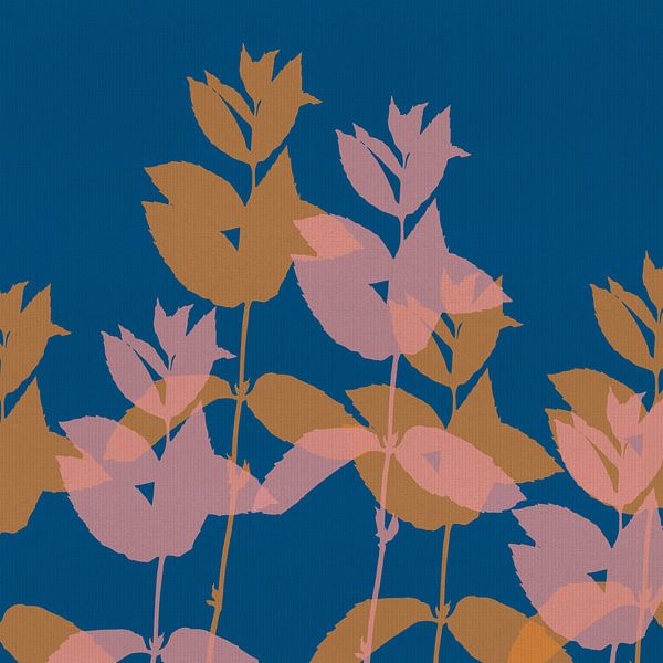 Modern minimalist botanical art. Ochre and pink leaves on blue by Abstract Minimalist Art