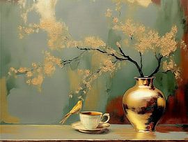 Sfeervol Stilleven. Gouden vaas met vogeltje op kop en schotel.