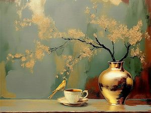 Stilleben in Gold - Vase mit Vogel auf Tasse und Untertasse.  Serie: Stilleben im Aquarellstil