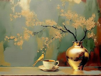 Sfeervol Stilleven. Gouden vaas met vogeltje op kop en schotel.