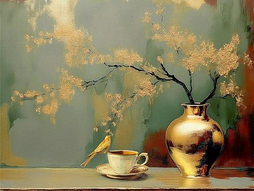 Sfeervol Stilleven. Gouden vaas met vogeltje op kop en schotel.