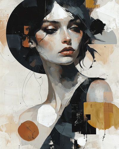 Modern en abstract portret in zwart, goud, grijs, wit en bruin