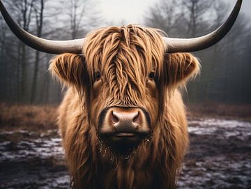 Portrait of a Scottish Highland cattle in the pasture