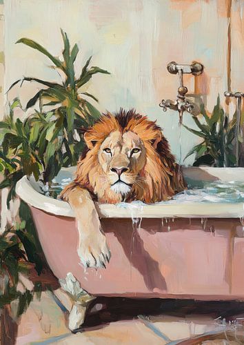 Leeuw in roze bad - pastel stijl