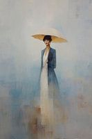 Peinture abstraite femme avec parapluie - dreamy art in blue and beige