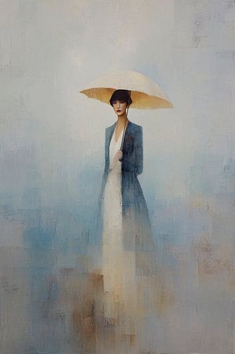 Abstract schilderij vrouw met paraplu – dromerige kunst in blauw en beige