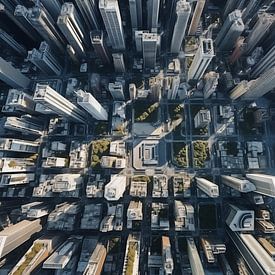 Aerial view from above of a flying drone of a global city with development buildings, by Animaflora PicsStock