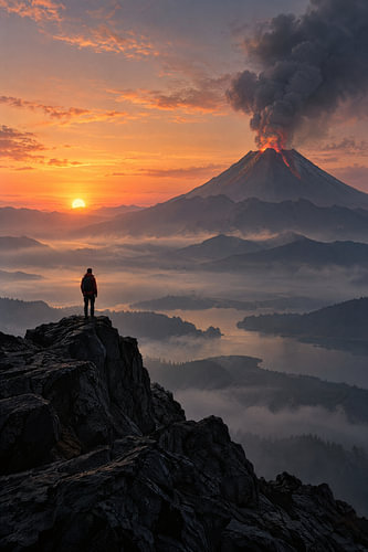 Rauchender Vulkan im Morgenrot