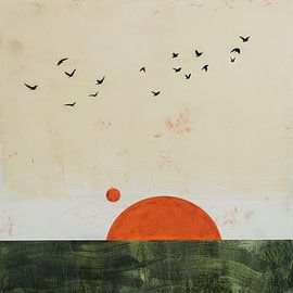 Vögel im Sonnenuntergang - Abstrakte Landschaft von Poster Art Shop