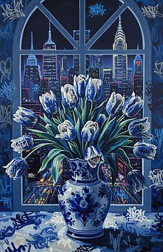 Delft´s Blue Stil Leben mit roten Tulpen von Mister Artsy