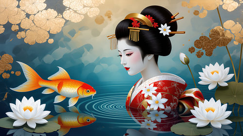 Moderne japanische Kunst: Geisha mit goldenem Koi-Karpfen