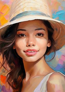 Portret vrouw in olieverf en lichte kleuren