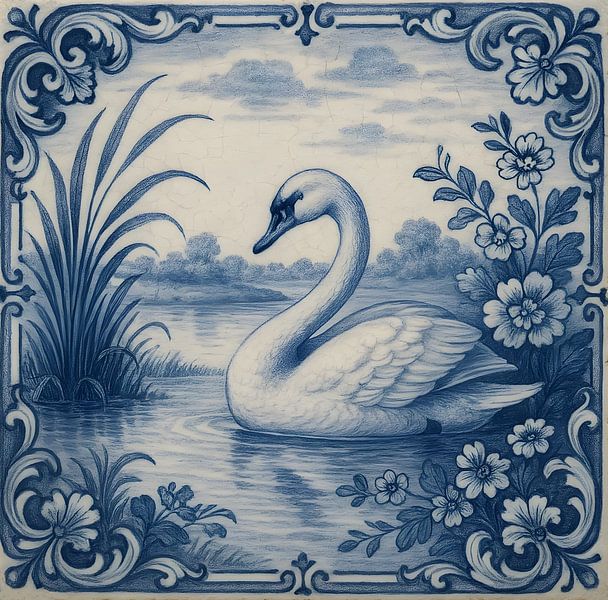 Delfter Blau Fliese Schwan von FoXo Art