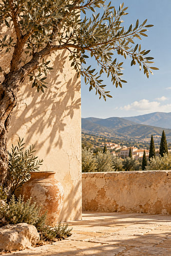 &, met uitzicht op het Toscaanse terras en de eeuwenoude olijfboom