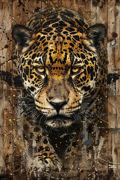 Dynamisch jaguar kunstwerk op houten achtergrond van Art & Soul Creations