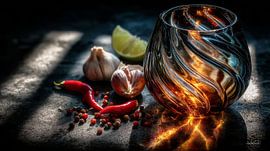 red peppers - garlic - lime - lemon on a black background with dramatic light by Gelissen Artworks