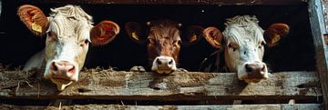 Drie koeien in de stal panorama van Digitale Schilderijen