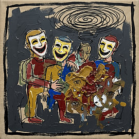 Neo-expressionistische „Maske des Glücks“ als Leinwandbild – Emotionales, abstraktes Gemälde von Aden Pink Studio