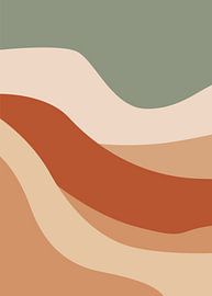 Minimalistische, flächige, abstrakte Illustration aus übereinanderliegenden Wellenlinien und Hügeln im Bohemian-Stil. von Adam Khabibi