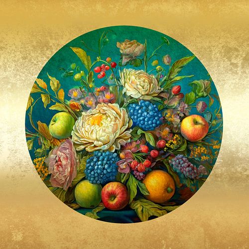 Aquarell Viktorianischer Blumenstrauß Rund - gold