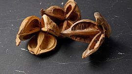 Three dried star anise pods on a black table top.
