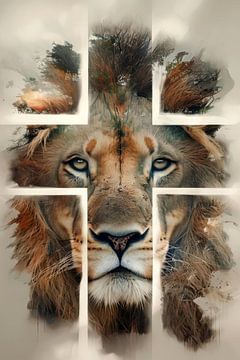 Löwen Gesicht Porträt mit dem Kreuz Tiere von Modern Art24