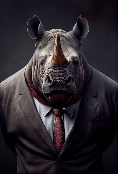 Stately standing portrait of a Rhinoceros in a suit by Maarten Knops