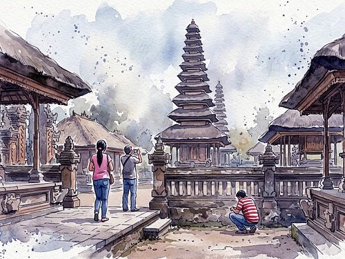 Een aquarel van de hindoetempel op het eiland Bali.