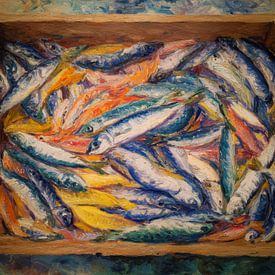 Lebendige Sardinen in Holzkiste - farbenfrohe impressionistische Kunst mit sommerlicher Energie von But First Framing