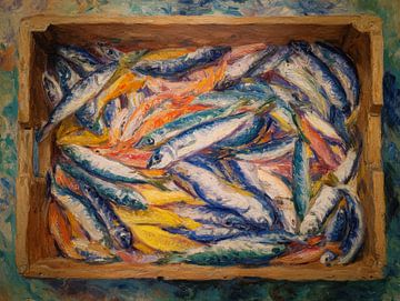 Lebendige Sardinen in Holzkiste - farbenfrohe impressionistische Kunst mit sommerlicher Energie