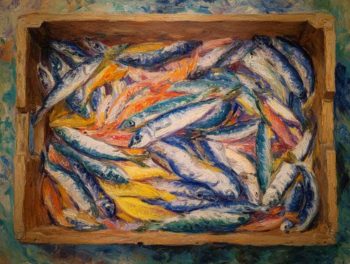 Sardines vibrantes dans une boîte en bois - art impressionniste coloré avec l'énergie de l'été