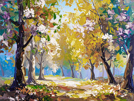 Sunny Autumn Forest Landscape painted in the Impressionist style by STUDIO ARTSY