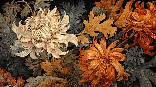 Botanische print met herfst chrysanten