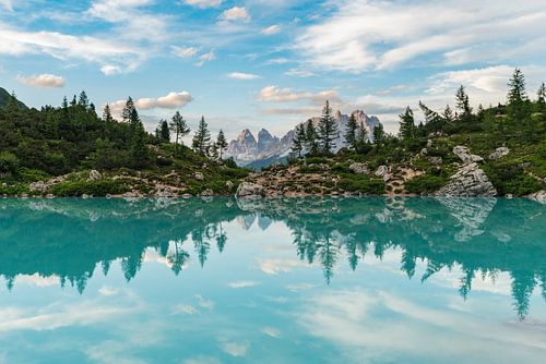 LP 71302079 Reflet des arbres dans le lac de Lavaredo en Italie