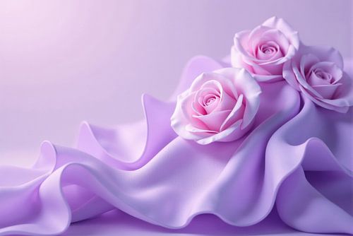 Drie roze rozen op lavendelkleurige stof