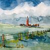 Eierland-Leuchtturm in den Dünen von Texel | Handgemachte Aquarellmalerei von WatercolorWall