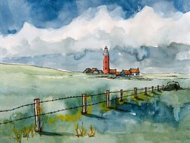 Eierland-Leuchtturm in den Dünen von Texel | Handgemachte Aquarellmalerei von WatercolorWall