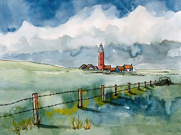 Eierland-Leuchtturm in den Dünen von Texel | Handgemachte Aquarellmalerei von WatercolorWall