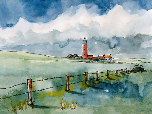 Eierland Vuurtoren en de duinen van Texel | Handgemaakte Aquarel Schilderij van WatercolorWall