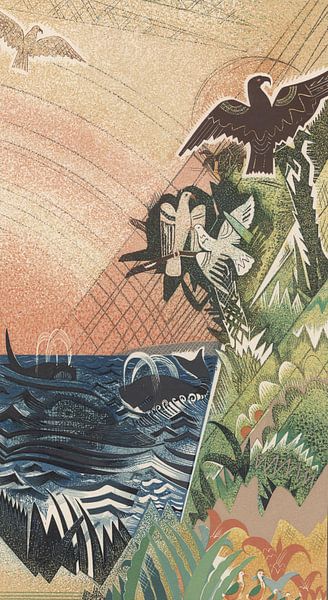 Illustration of ocean and land scene with birds and whales, Francois-Louis Schmied by Masterful Masters