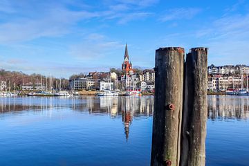 View of the historic harbour of Flensburg with some ships