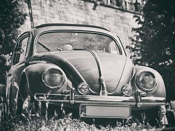 Photographie en noir et blanc d'une coccinelle VW