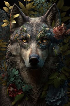 Portrait d'un loup dans la jungle sur Digitale Schilderijen