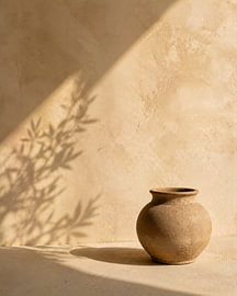 Minimalistische, strukturierte Keramikvase vor dem Hintergrund abstrakter Kunst in Beige von MARTINA KUSUMA DEWI